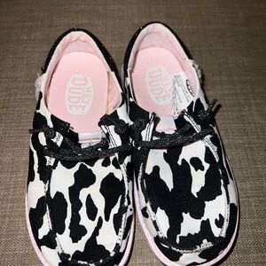 12 Toddler Hey Dude Kids Moccasins - Black and Pink Cow Print